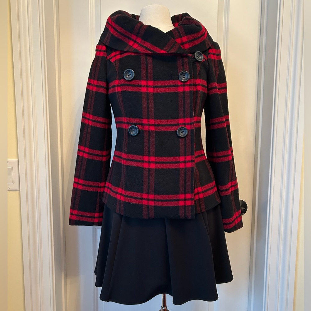 Tribal Red and Black Plaid Double Breasted Jacket with Shawl Collar